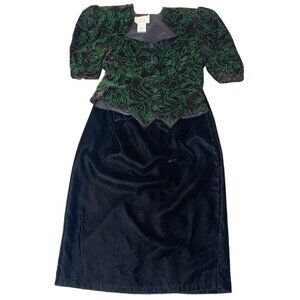 Vintage Jessica McClintock Gunne Sax Black Velvet Green Glitter 2 pc Skirt Set S